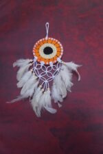 Handmade Crochet Dream Catcher – Orange Boho Wall Hanging with Feathers - Image 3