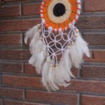 Handmade Crochet Dream Catcher – Orange Boho Wall Hanging with Feathers