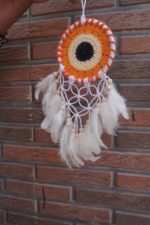 Handmade Crochet Dream Catcher – Orange Boho Wall Hanging with Feathers