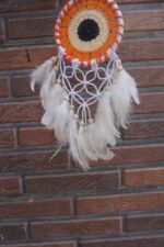 Handmade Crochet Dream Catcher – Orange Boho Wall Hanging with Feathers - Image 2